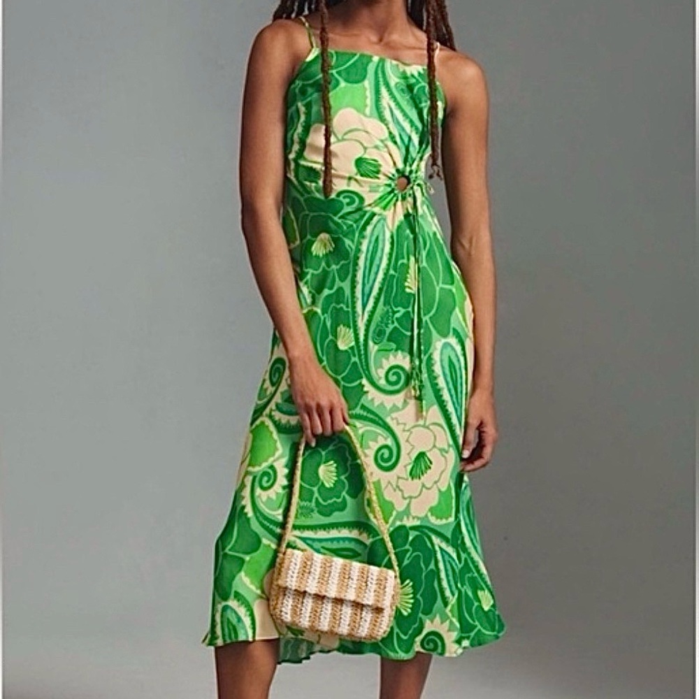 FARM Rio Green and Cream Patterned Midi Dress